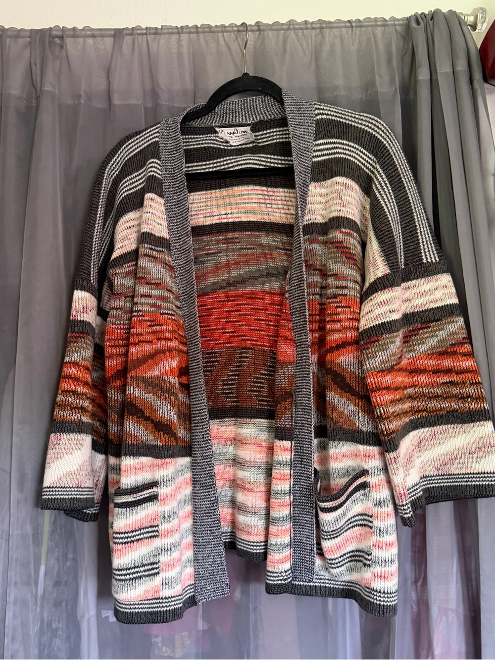 Striped Open-Front Women's Cardigan Sweater - Multicolor (Gray, Red, Brown)